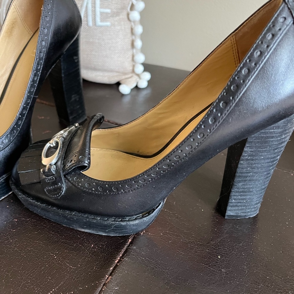 Coach platform heals in black with silver buckle logo